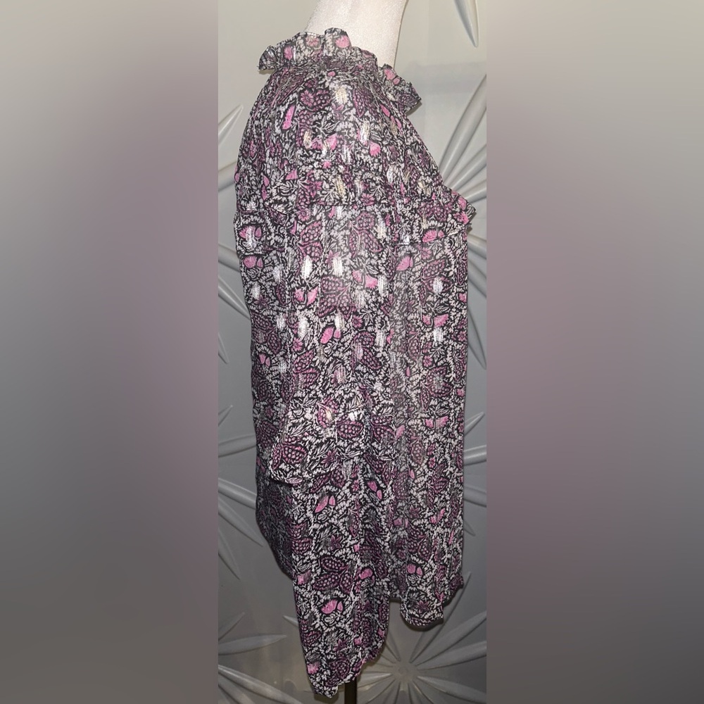 EUC INC SZ M black/pink/gray/silver metallic sheer top w/ruffles/bust 24” - Picture 3 of 8
